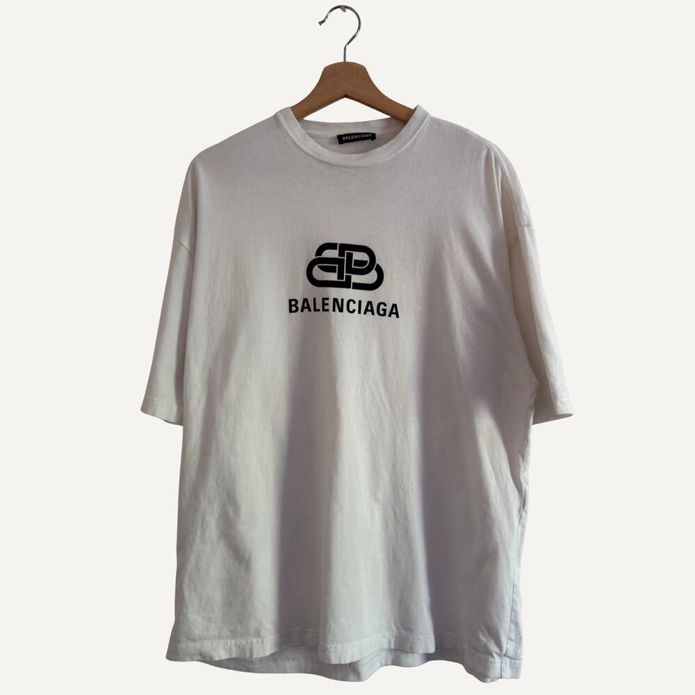 Balenciaga Interlocking BB Logo Cotton T-Shirt White Relaxed Fit Men's Size M
